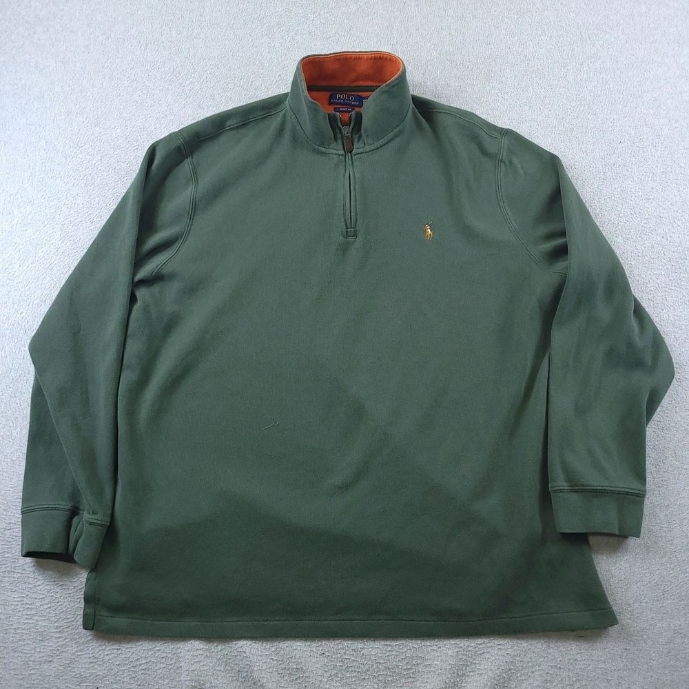 Polo Ralph Lauren Mens XXL Estate Rib Quarter Zip Pullover Green Orange Pony